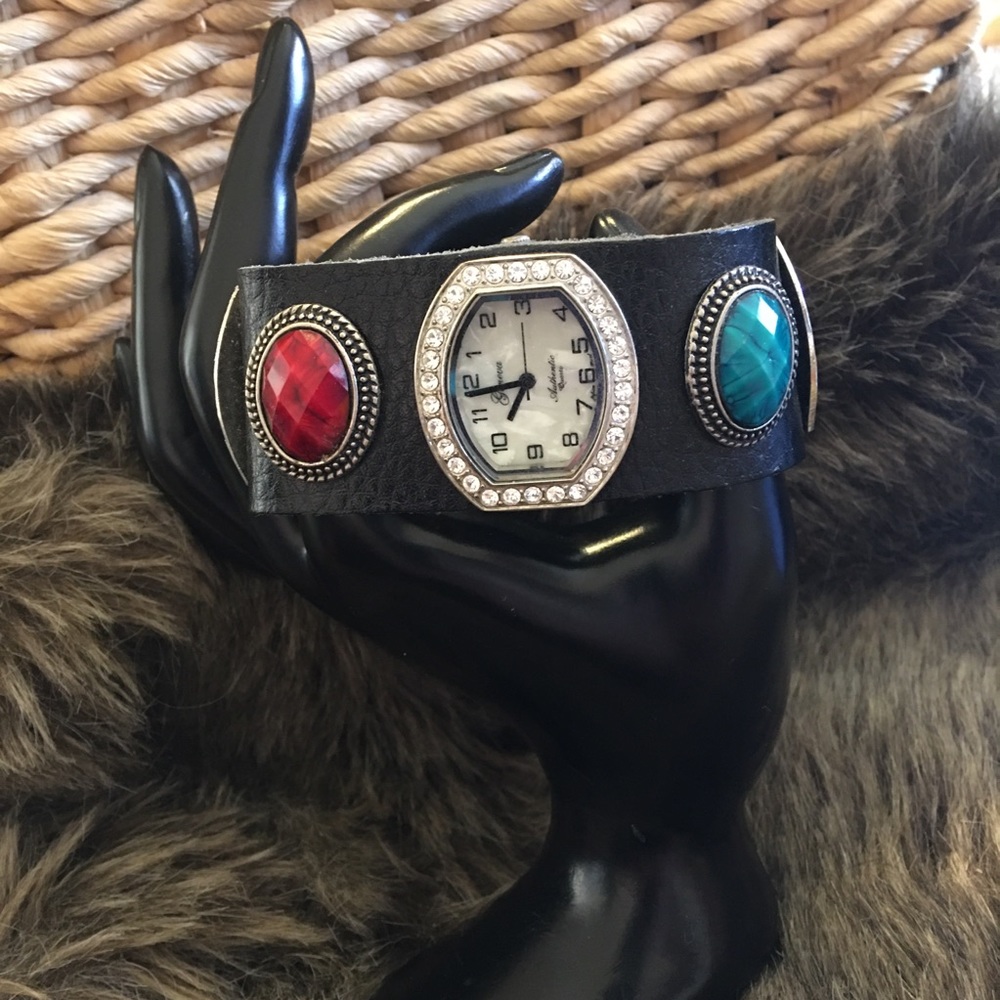 Ladies Geneva colorful gem leather band watch - Picture 2 of 10